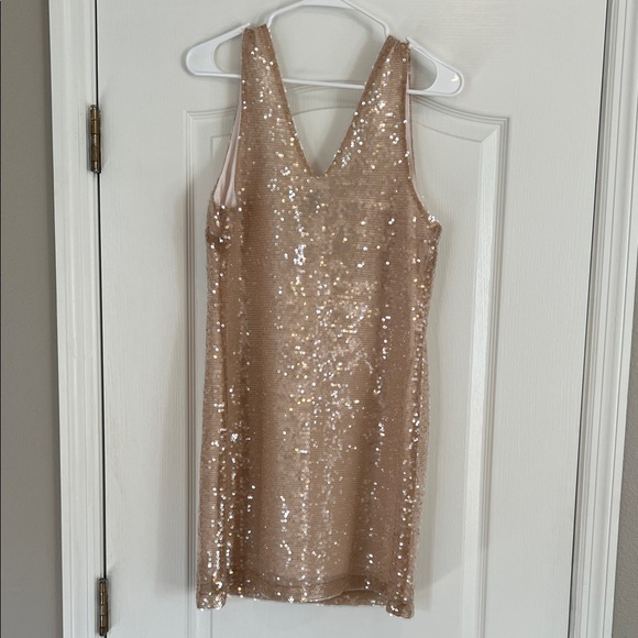 Sequin Nude V-Neck Mini Dress - Picture 2 of 4